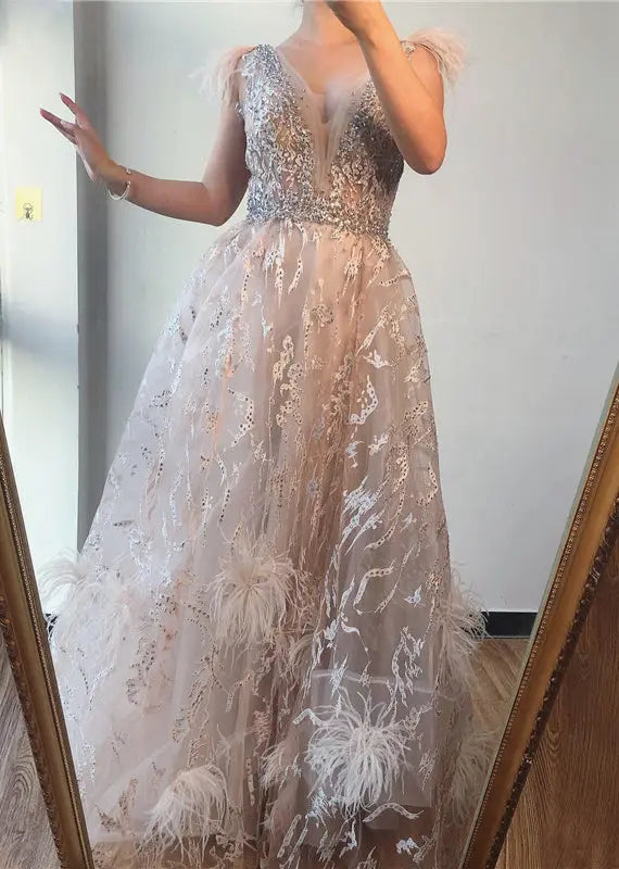 Ariella Feathers Crystal Sleeveless Evening Gown Mscooco.co.uk