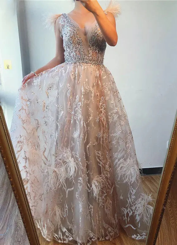 Ariella Feathers Crystal Sleeveless Evening Gown Mscooco.co.uk