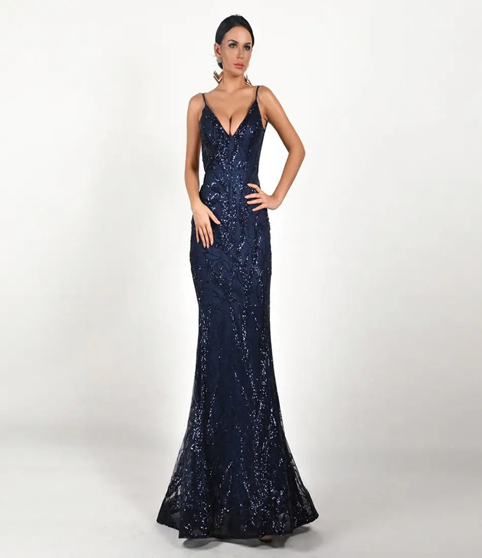 Deep V Off Shoulder Backless Sequin Maxi Dress MSCOOCO
