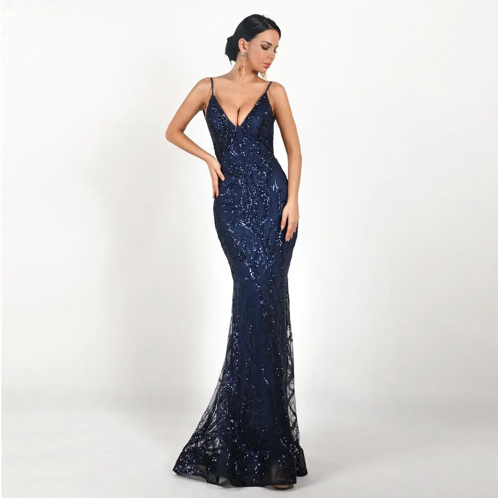 Deep V Off Shoulder Backless Sequin Maxi Dress - MSCOOCO