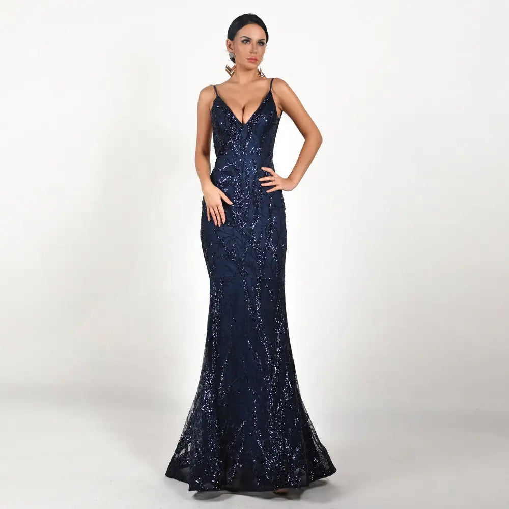 Deep V Off Shoulder Backless Sequin Maxi Dress - MSCOOCO