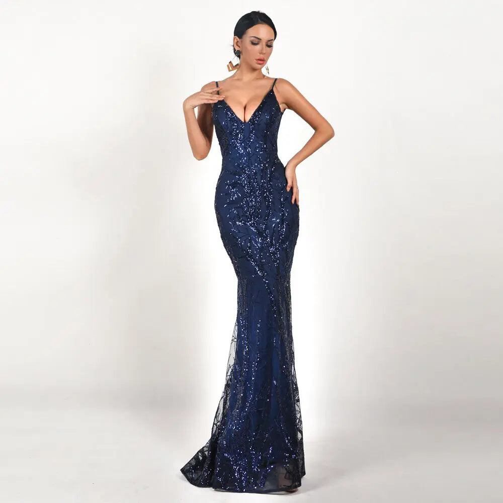Deep V Off Shoulder Backless Sequin Maxi Dress - MSCOOCO
