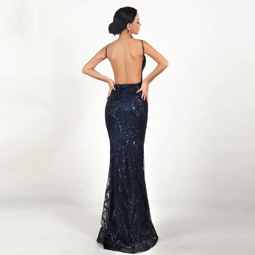 Deep V Off Shoulder Backless Sequin Maxi Dress - MSCOOCO