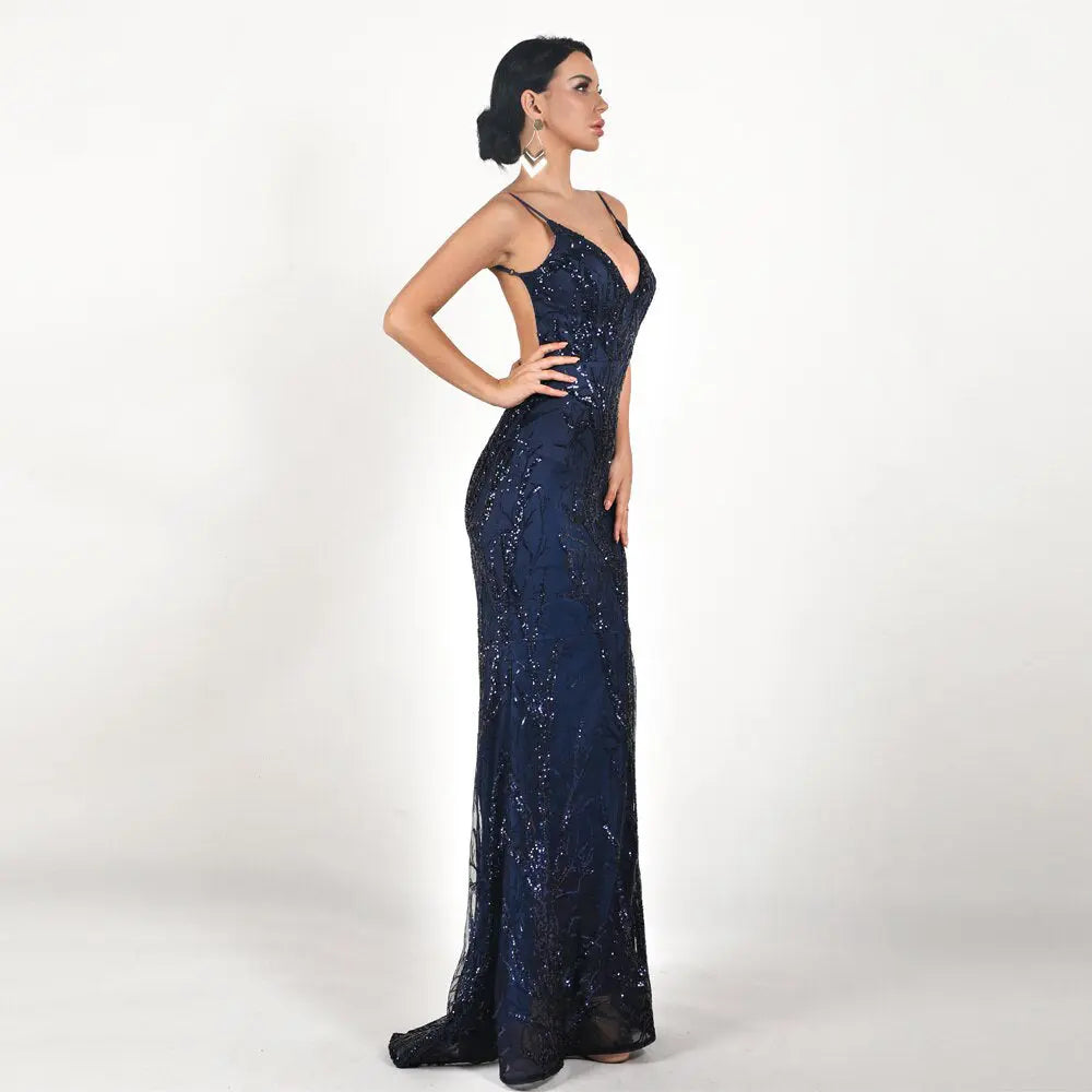 Deep V Off Shoulder Backless Sequin Maxi Dress - MSCOOCO