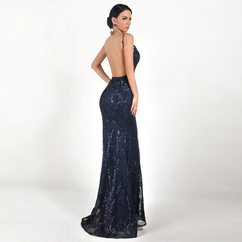 Deep V Off Shoulder Backless Sequin Maxi Dress - MSCOOCO