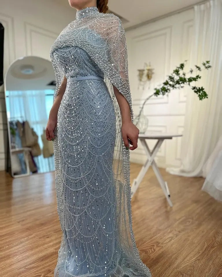 Dive Mermaid Beaded Embellished cape sleeves Gown Mscooco.co.uk