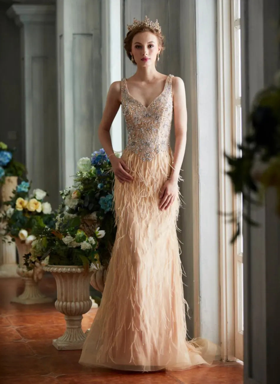 V-neck Sleeveless Beading Feathers Mermaid Prom Dress - MSCOOCO