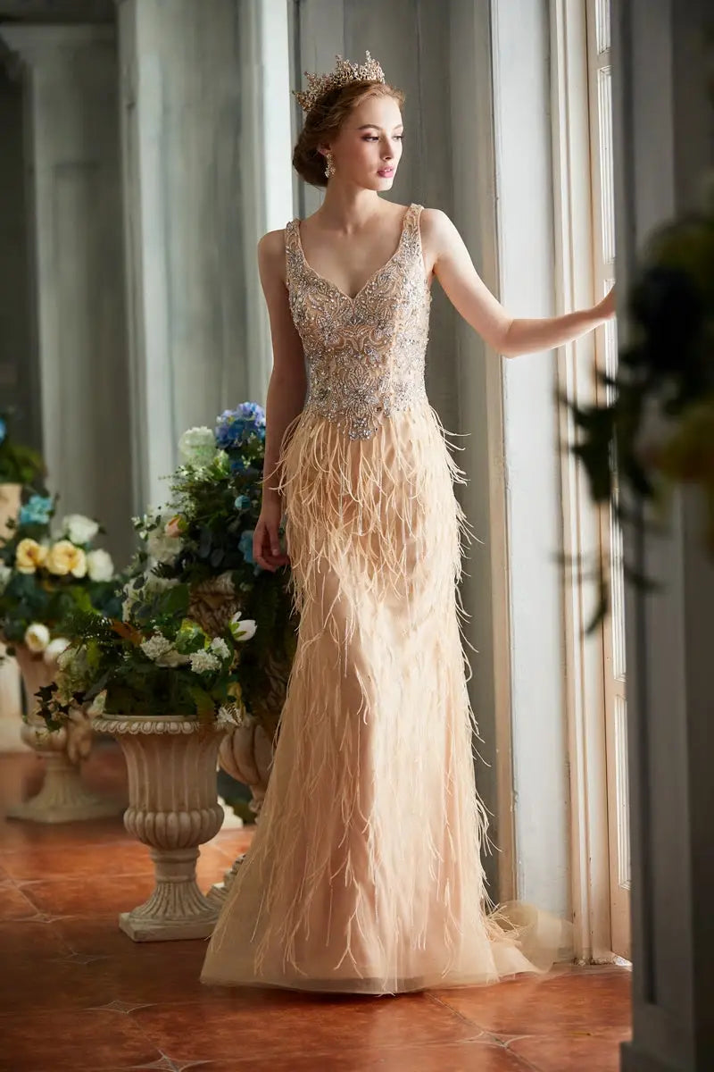 V-neck Sleeveless Beading Feathers Mermaid Prom Dress - MSCOOCO