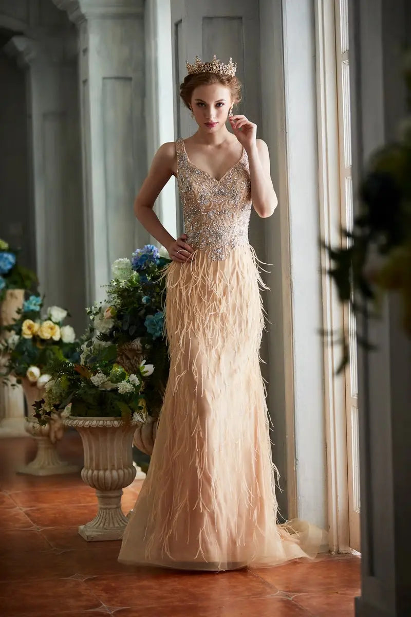 V-neck Sleeveless Beading Feathers Mermaid Prom Dress - MSCOOCO