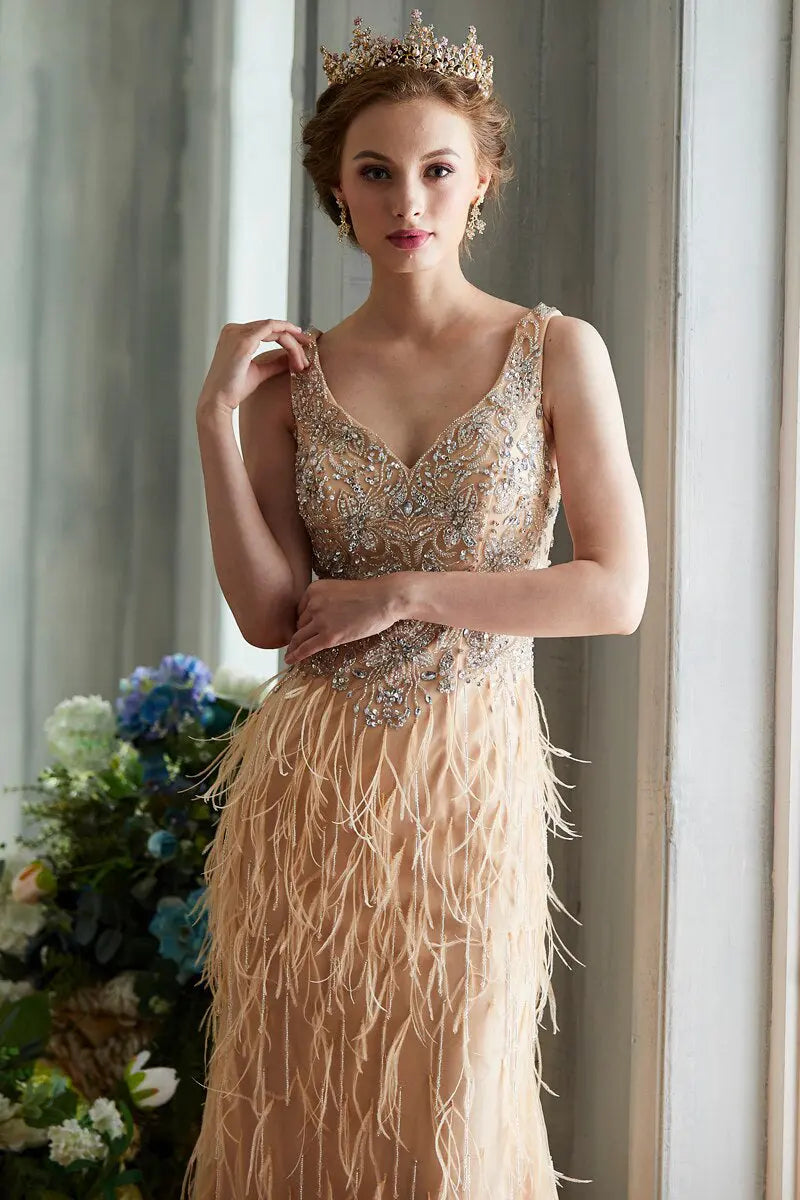 V-neck Sleeveless Beading Feathers Mermaid Prom Dress - MSCOOCO