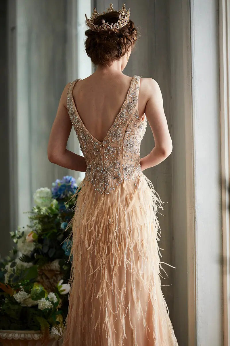 V-neck Sleeveless Beading Feathers Mermaid Prom Dress - MSCOOCO