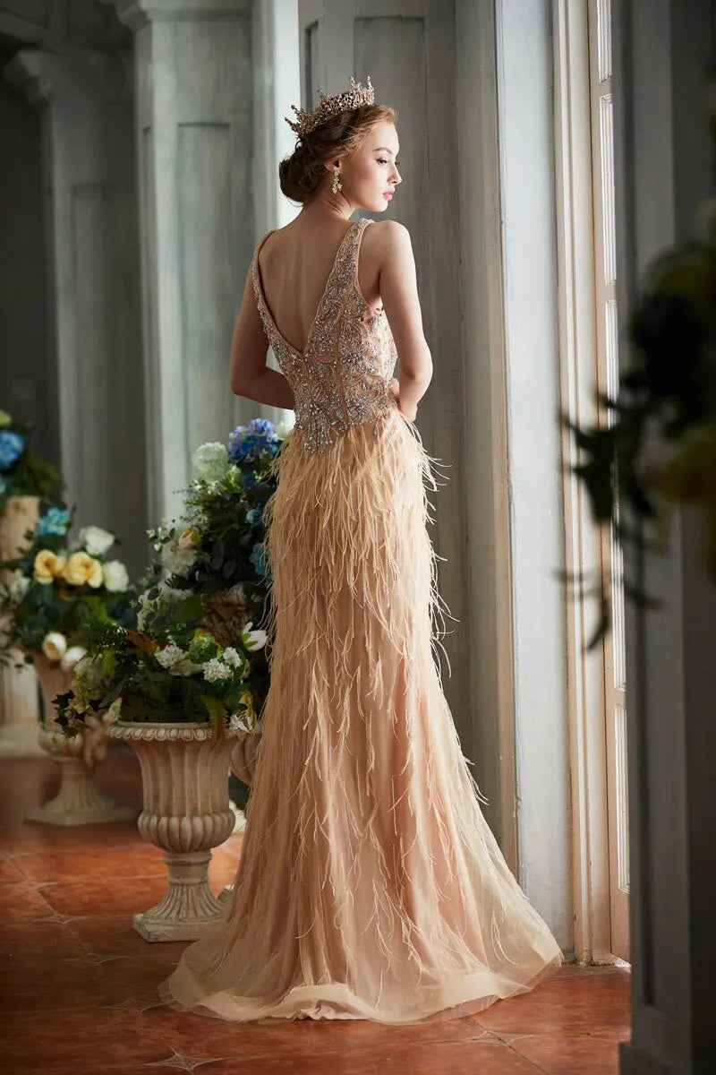 V-neck Sleeveless Beading Feathers Mermaid Prom Dress - MSCOOCO