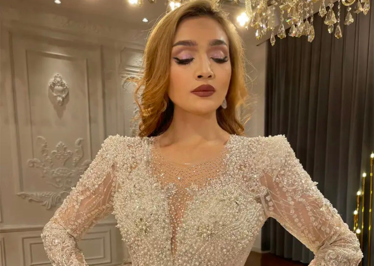 Luxurious Long Sleeve Wedding Dress | Handcrafted Beaded & Embroidered Gown with LongTail