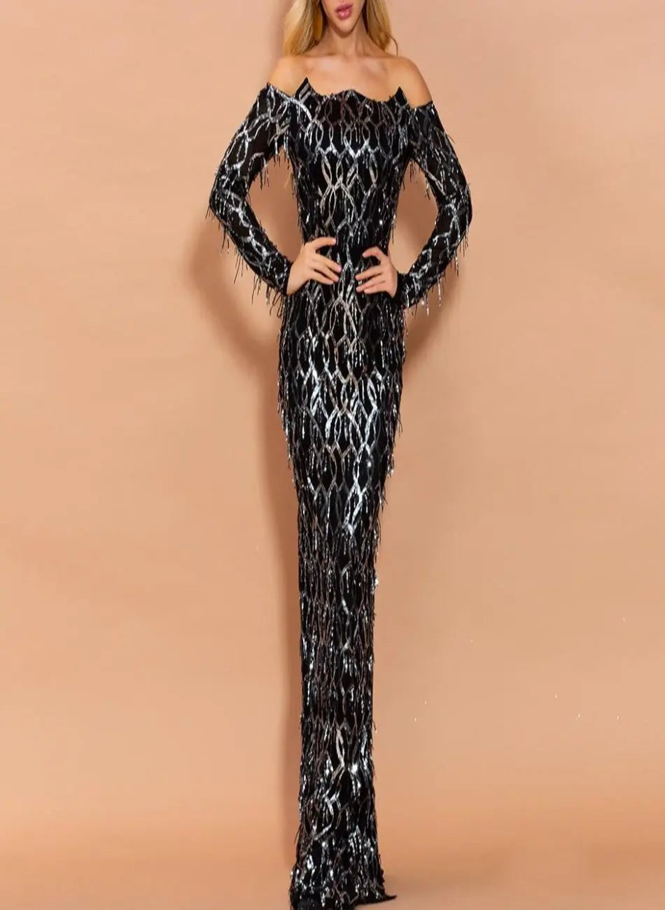 Jessa Off Shoulder Sequins Tassel Maxi Dress Mscooco.co.uk