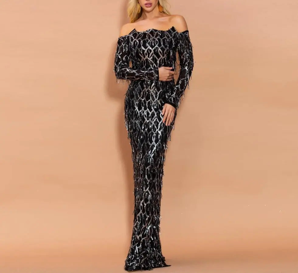 Jessa Off Shoulder Sequins Tassel Maxi Dress Mscooco.co.uk