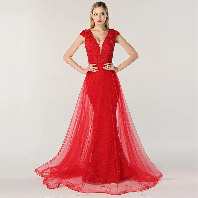 Julianna Lace Pearls V-Neck Evening Dress Mscooco.co.uk