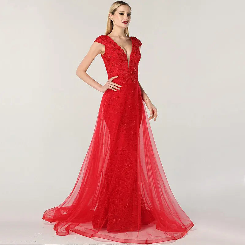 Julianna Lace Pearls V-Neck Evening Dress Mscooco.co.uk