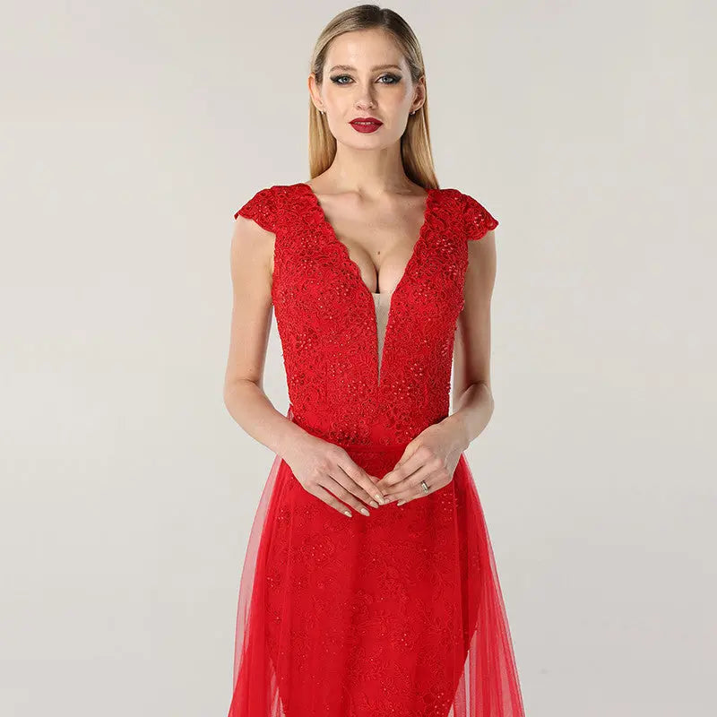 Julianna Lace Pearls V-Neck Evening Dress Mscooco.co.uk