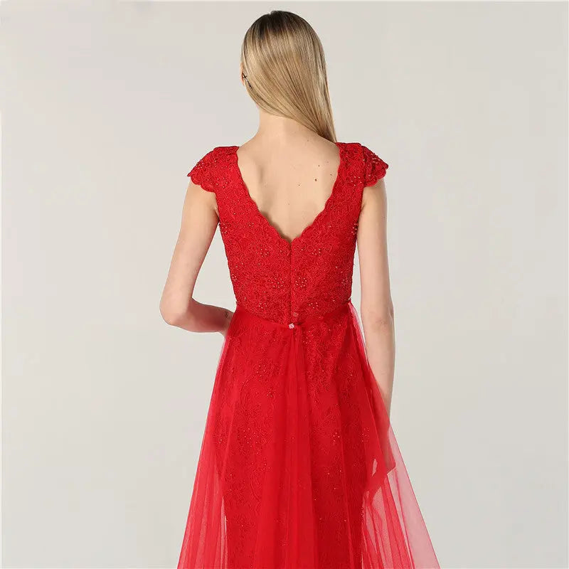Julianna Lace Pearls V-Neck Evening Dress Mscooco.co.uk