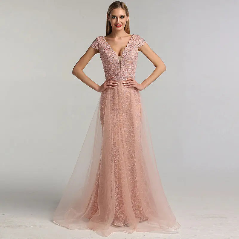 Julianna Lace Pearls V-Neck Evening Dress Mscooco.co.uk