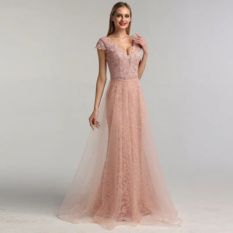 Julianna Lace Pearls V-Neck Evening Dress Mscooco.co.uk