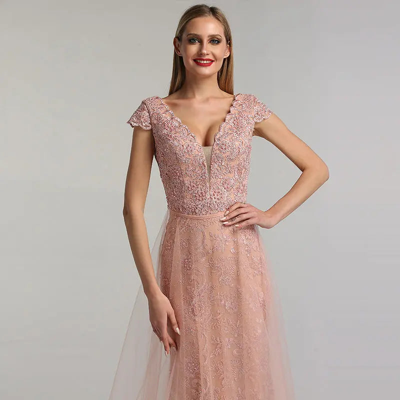 Julianna Lace Pearls V-Neck Evening Dress Mscooco.co.uk