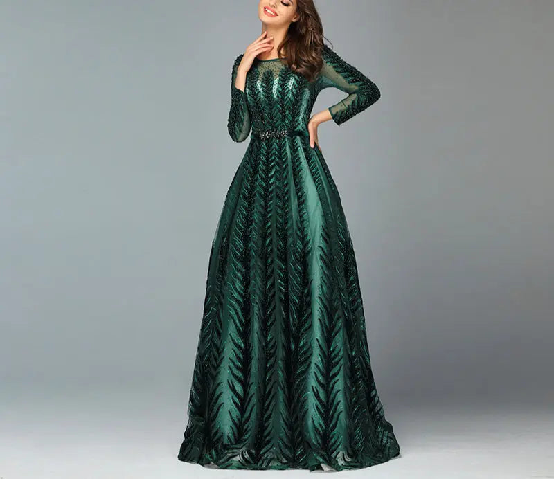 Dubai Design Green O-Neck Beading Sequined A-Line Evening Gowns - MSCOOCO