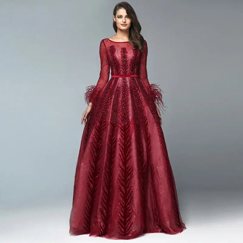 Leila - Wine Red Evening Gown With Long Sleeves Mscooco.co.uk