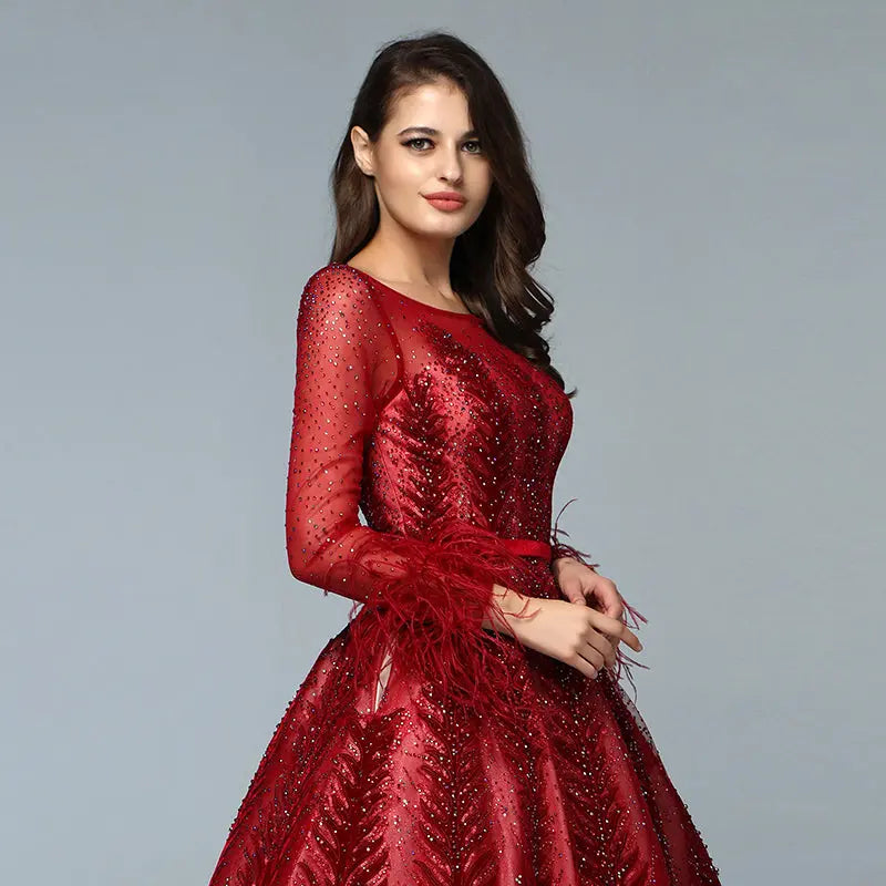 Leila - Wine Red Evening Gown With Long Sleeves Mscooco.co.uk