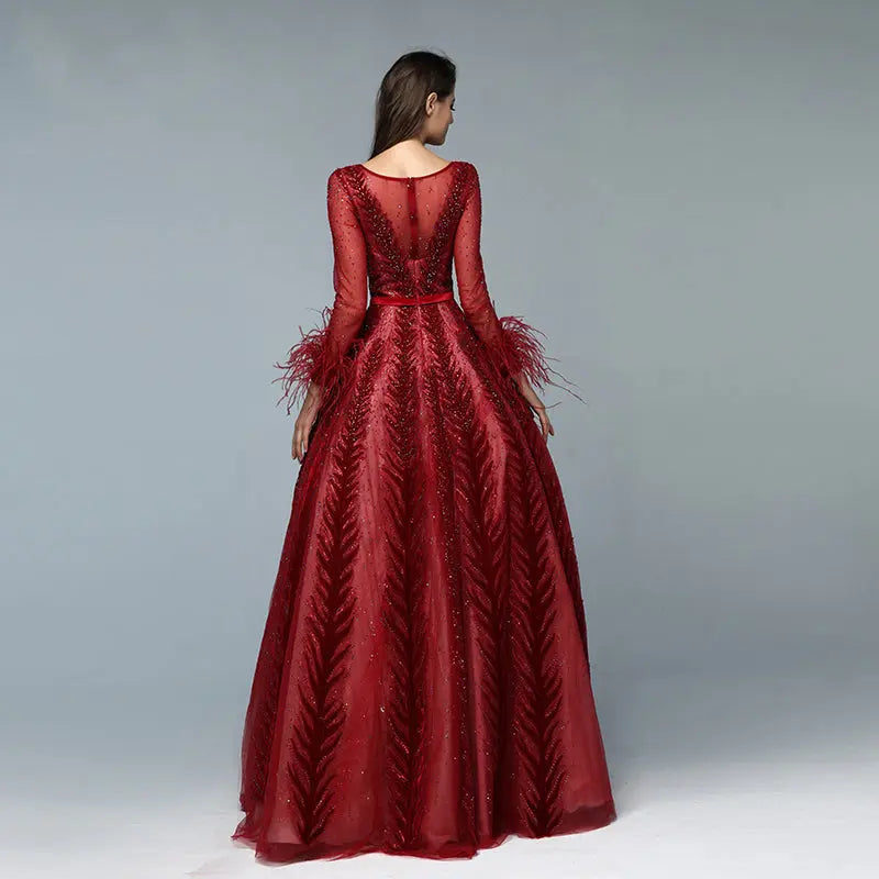 Leila - Wine Red Evening Gown With Long Sleeves Mscooco.co.uk