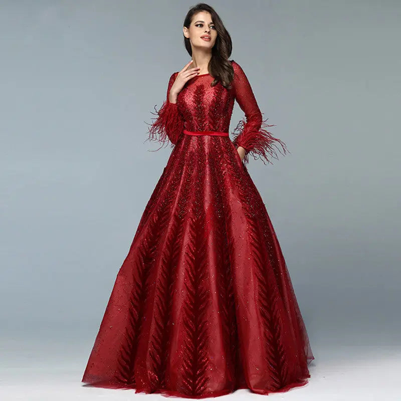 Leila - Wine Red Evening Gown With Long Sleeves Mscooco.co.uk