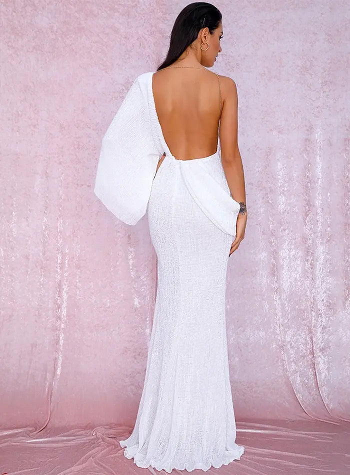 Sexy V-Neck Single Sleeve Sequins Split Maxi Dress - MSCOOCO