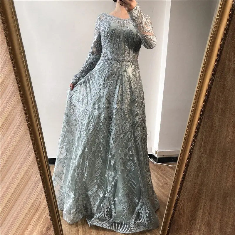 Luxury Crystal Long Sleeves Evening Dress - MSCOOCO