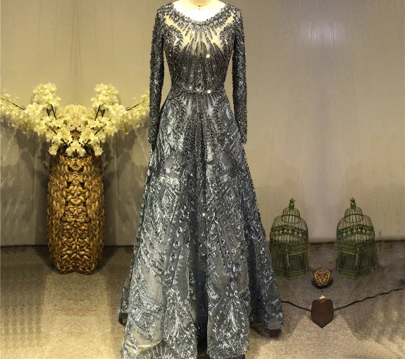 Luxury Crystal Long Sleeves Evening Dress - MSCOOCO