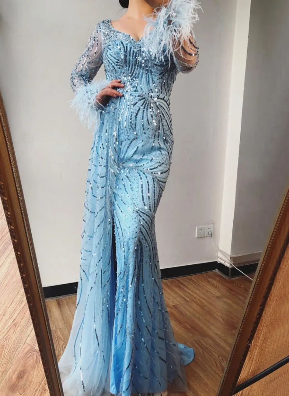 Manha Sequined Long Sleeves Evening Dress Mscooco.co.uk