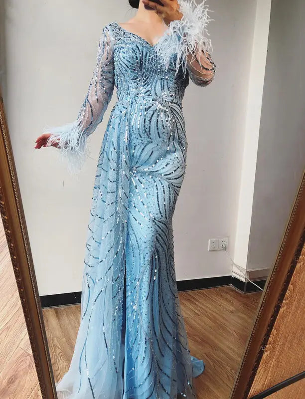Manha Sequined Long Sleeves Evening Dress Mscooco.co.uk