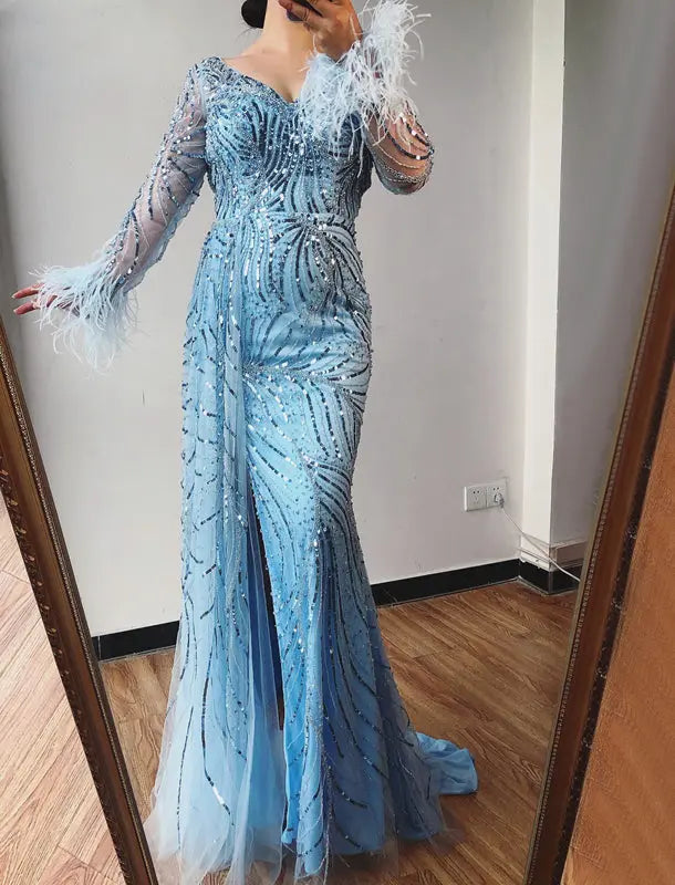Manha Sequined Long Sleeves Evening Dress Mscooco.co.uk