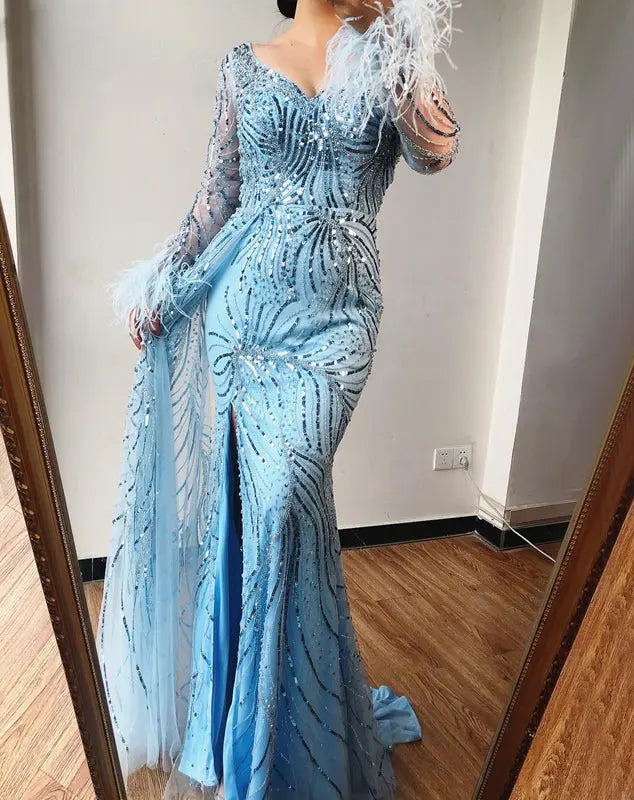 Manha Sequined Long Sleeves Evening Dress Mscooco.co.uk