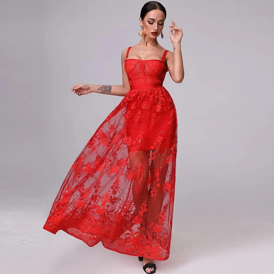 Mariella Red 3D Floral Embellished Gown - MSCOOCO