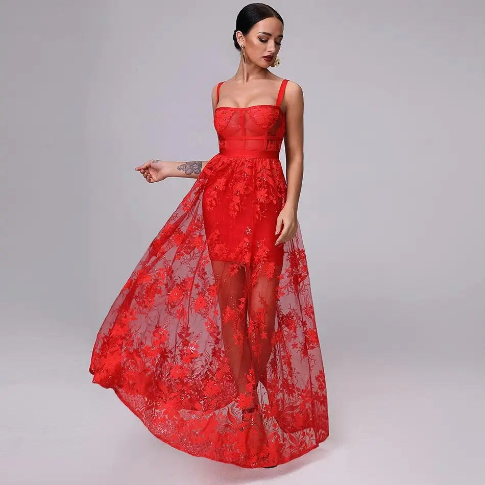 Mariella Red 3D Floral Embellished Gown - MSCOOCO