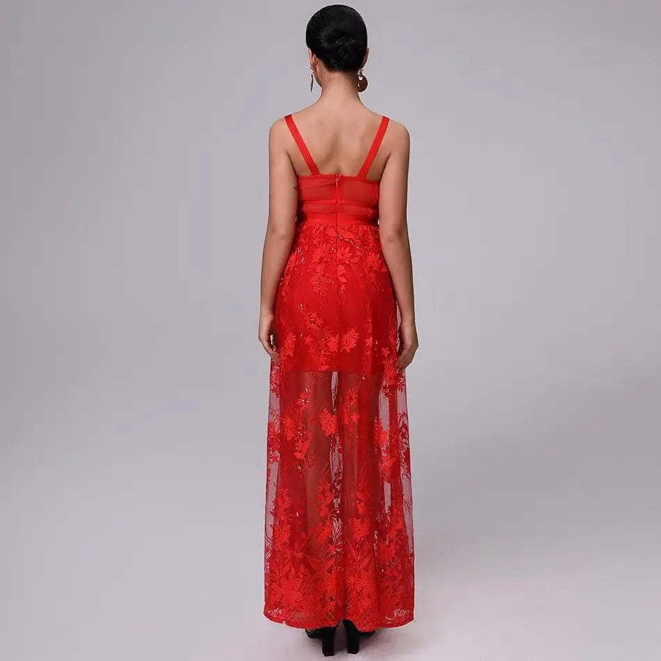 Mariella Red 3D Floral Embellished Gown - MSCOOCO