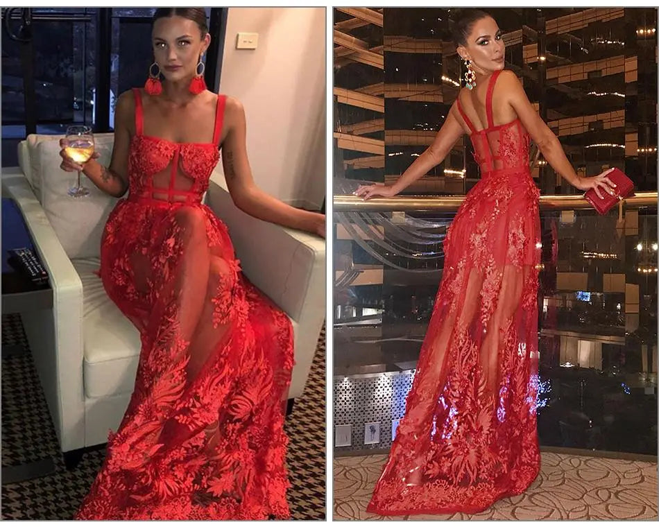 Mariella Red 3D Floral Embellished Gown - MSCOOCO