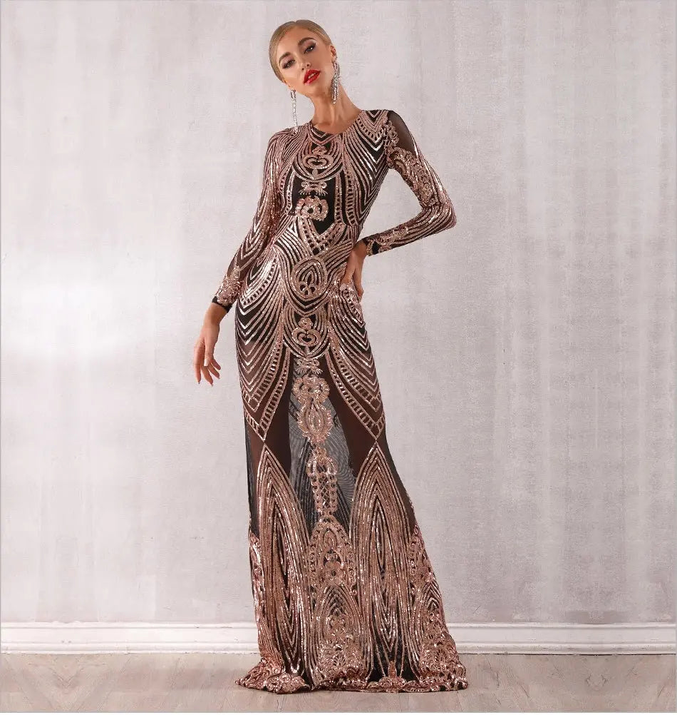 Mesh Elegant Long Sleeve Sequined Maxi Dress - MSCOOCO