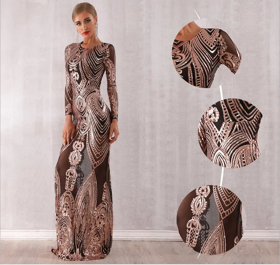 Mesh Elegant Long Sleeve Sequined Maxi Dress - MSCOOCO
