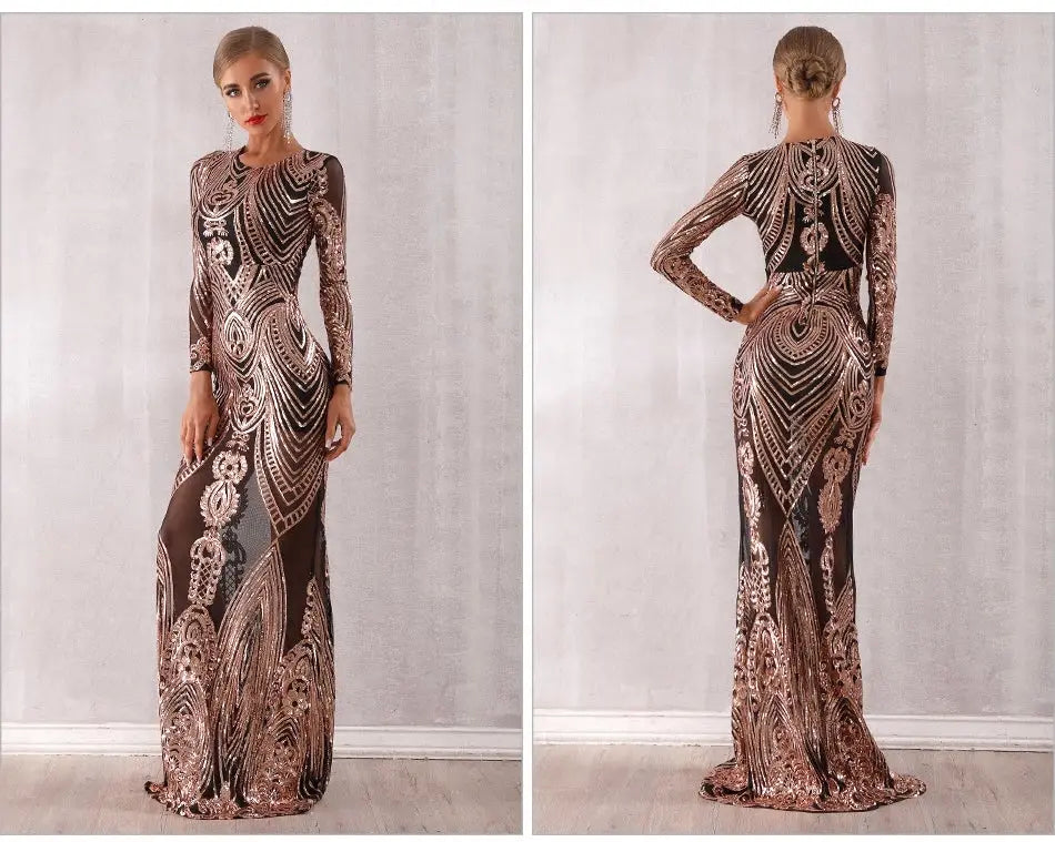 Mesh Elegant Long Sleeve Sequined Maxi Dress - MSCOOCO