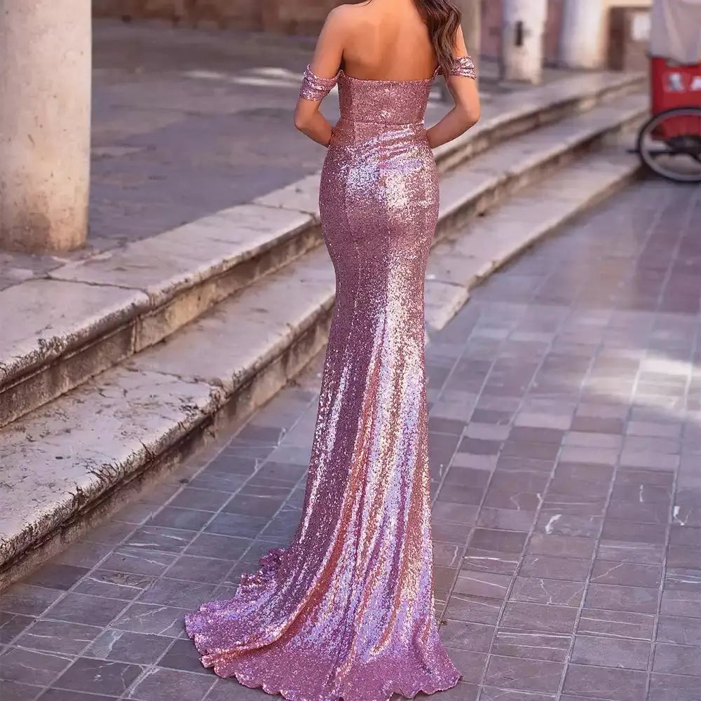 Off Shoulder Backless Sequins Dress - MSCOOCO