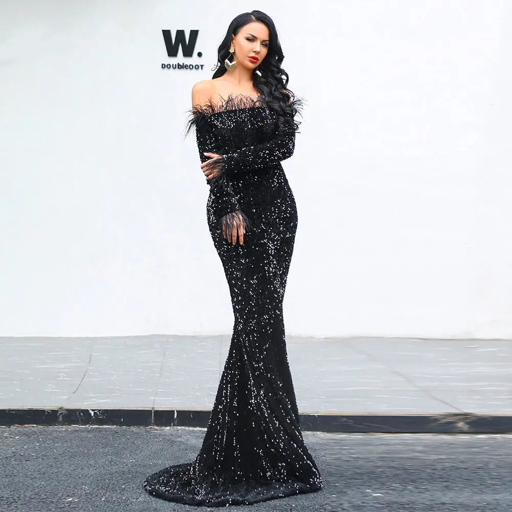 Off Shoulder Feather Long Sleeve Sequin Dress - MSCOOCO