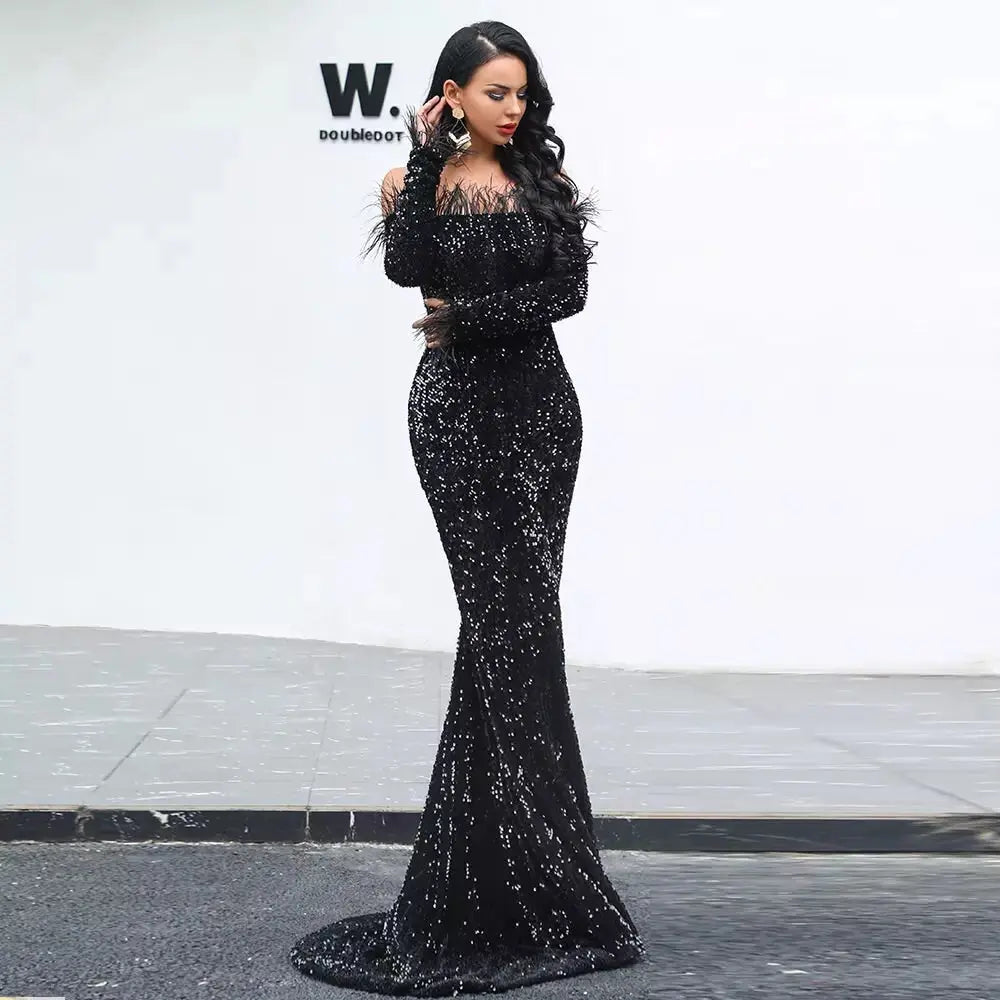 Off Shoulder Feather Long Sleeve Sequin Dress - MSCOOCO