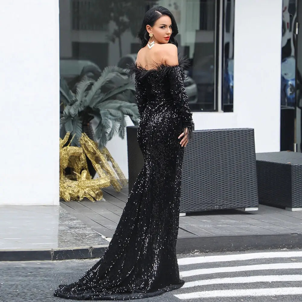Off Shoulder Feather Long Sleeve Sequin Dress - MSCOOCO