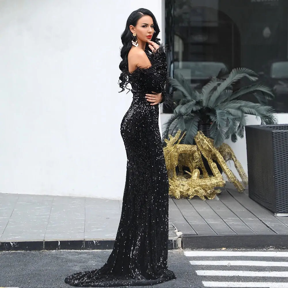 Off Shoulder Feather Long Sleeve Sequin Dress - MSCOOCO